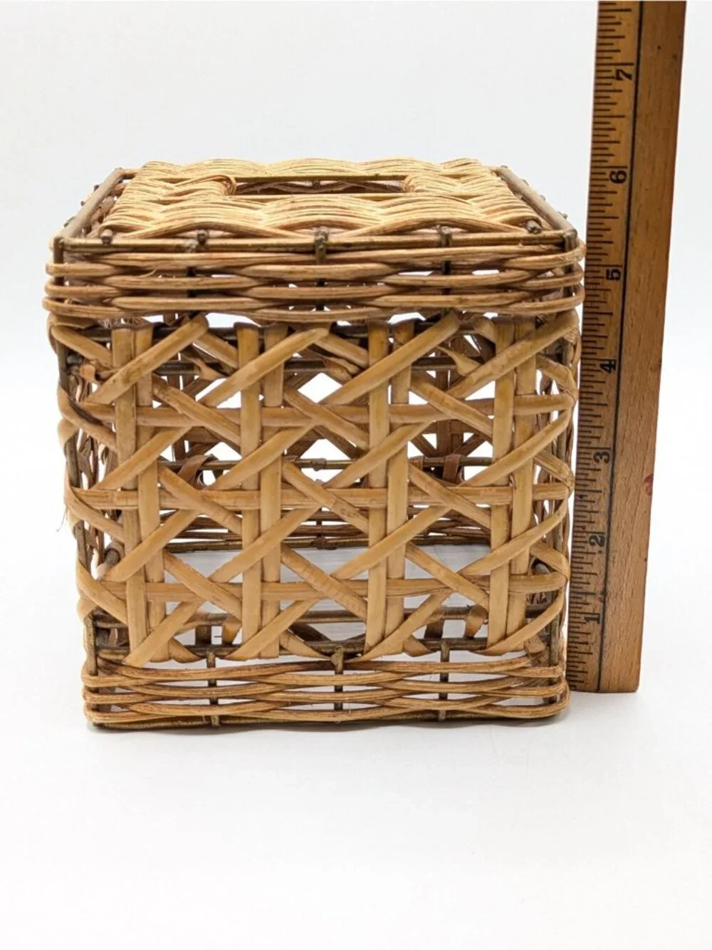 Vtg Wicker Rattan Cube Tissue Box Cover Holder Woven Boho Tropical Natural 5.5